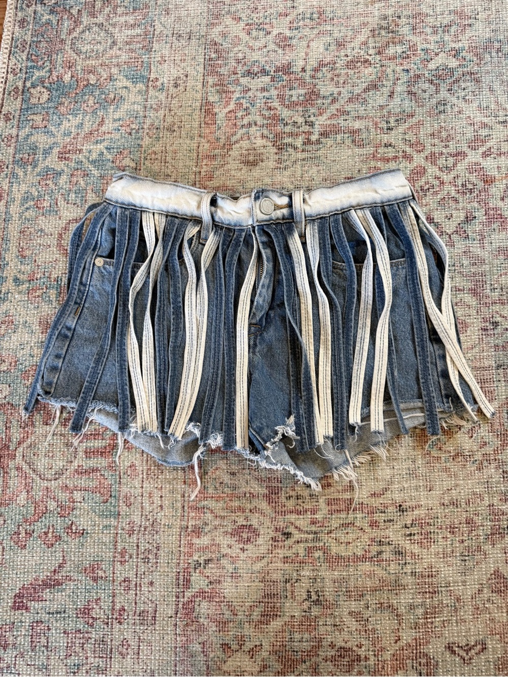 Blank NYC Two-Tone Denim Fringe Jean Short - Light Blue & White